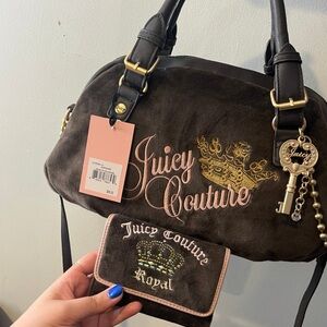 Juicy Couture Brown Suede Satchel with Pink Embroidery and Gold Accents